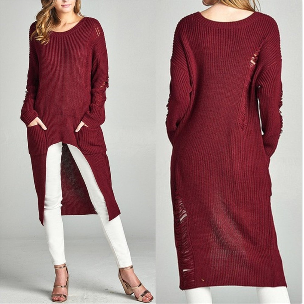 Burgundy Distressed/Ripped Tunic Sweater Knit